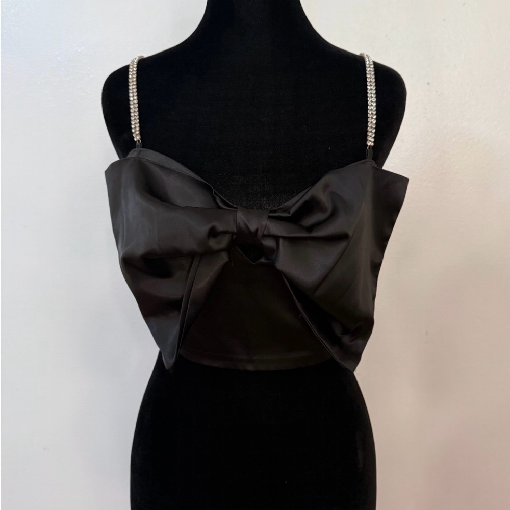 Elegant Black Bow Top with Rhinestone Straps
